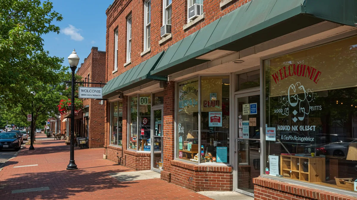 a welcoming local business storefront on a vibrant St. Louis commercial street, sunny day Editorial photograph, natural lighting, realistic, high quality. No text, no words, no let