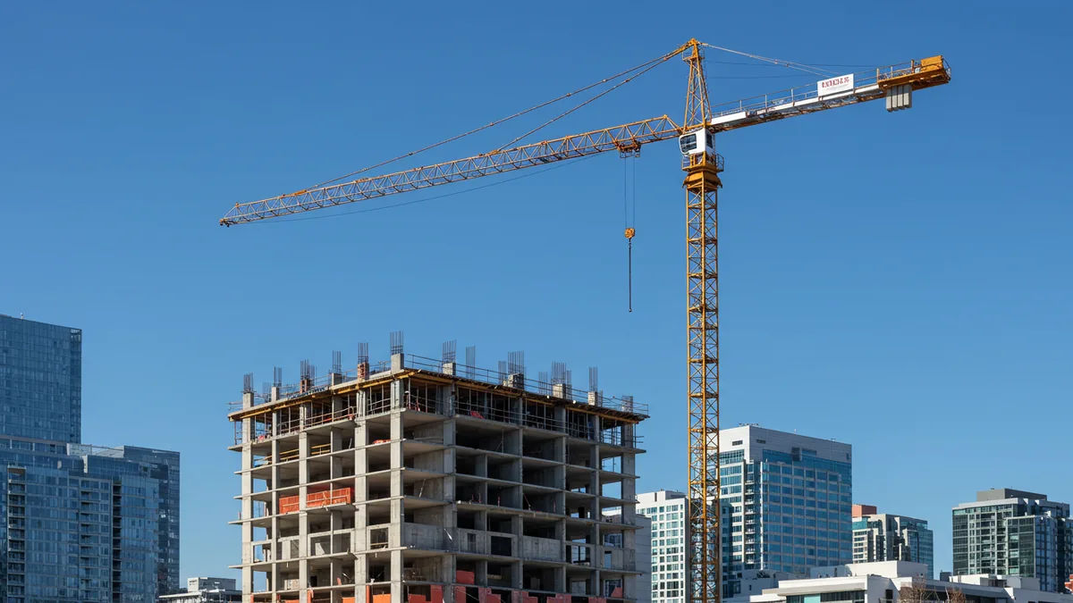 A construction crane and a new building rising in the downtown skyline
