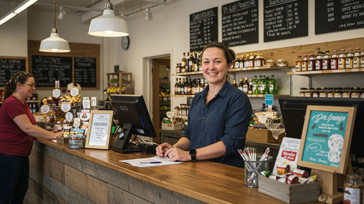 a thriving local business owner smiling at the counter of a busy, welcoming shop Editorial photograph, natural lighting, realistic, high quality. No text, no words, no letters, no