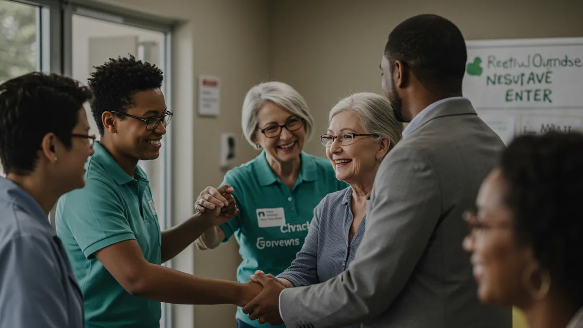 Diverse community members and volunteers helping one another at a neighborhood resource center