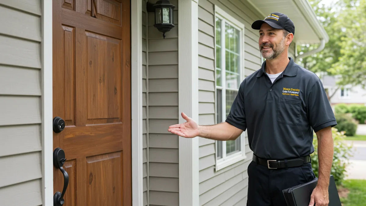 a friendly local service professional in uniform greeting a homeowner at their front door Editorial photograph, natural lighting, realistic, high quality. No text, no words, no let