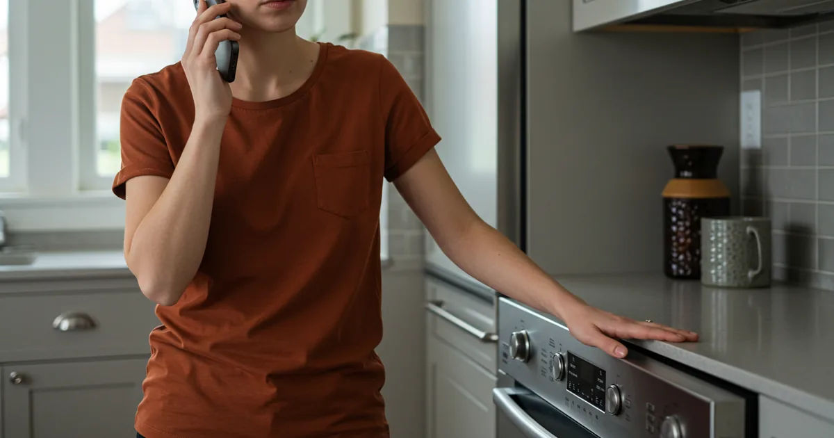 A technician checking the back of a washing machine in a basement laundry room