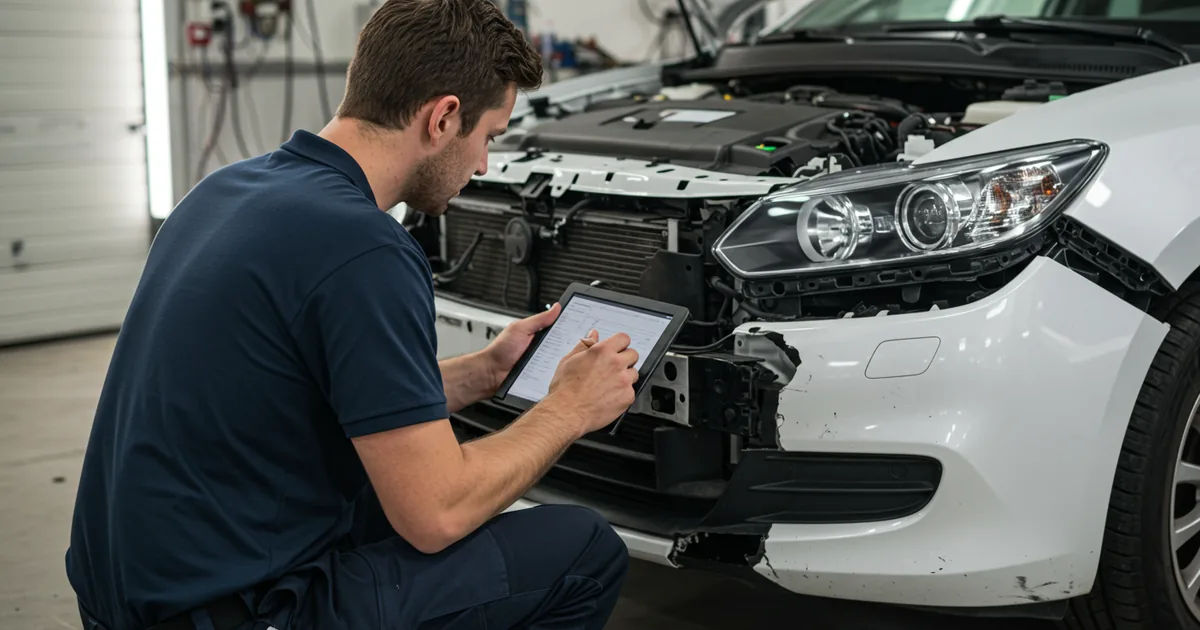 A technician writing up damage on a vehicle in a body shop bay, bumper cover removed