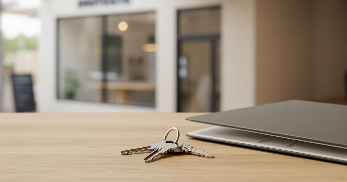 Two people reviewing paperwork across a table in a small business