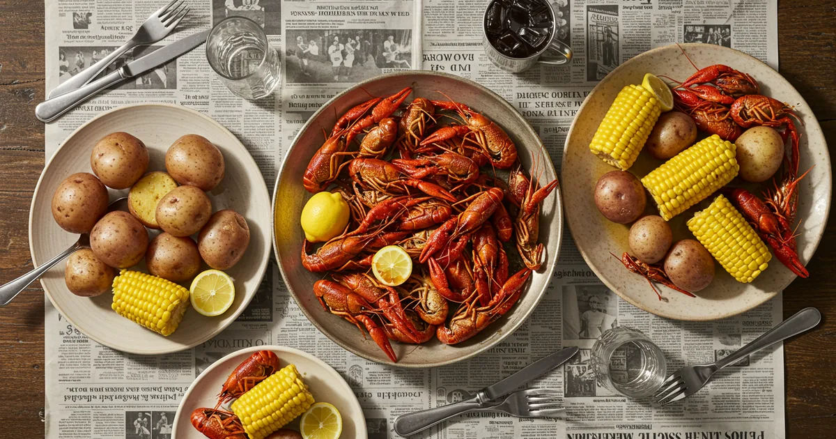 Crawfish boil spread on a newspaper-lined table