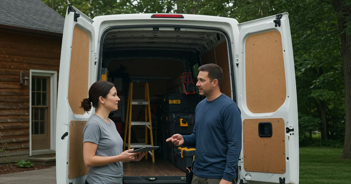 A contractor and a client reviewing paperwork on a job site