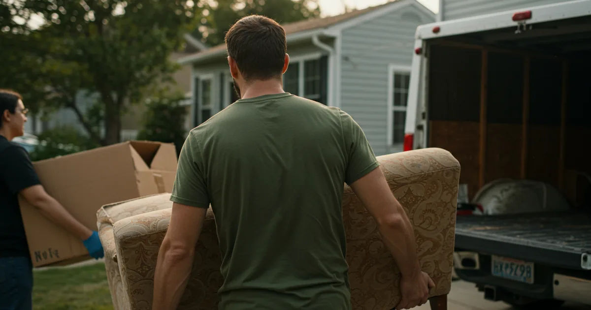 A homeowner sorting furniture and household items in a garage before a cleanout