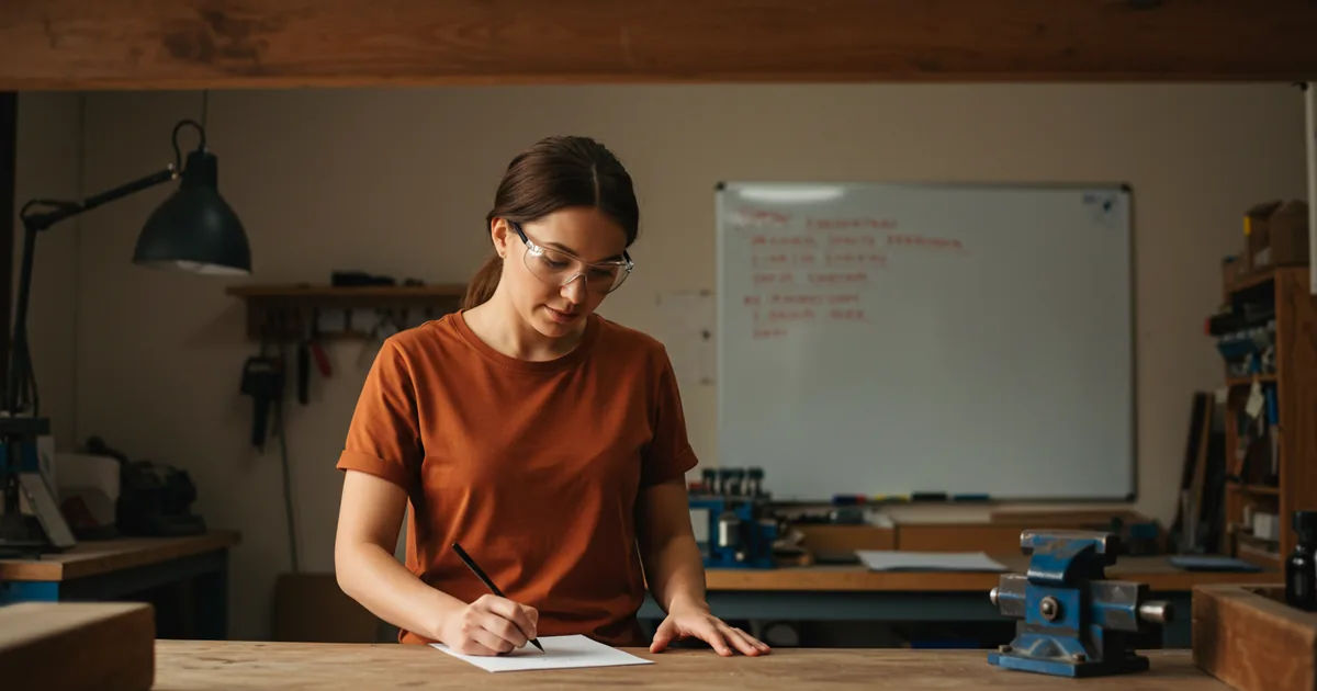 A small business owner writing a one-page plan by hand at a workbench