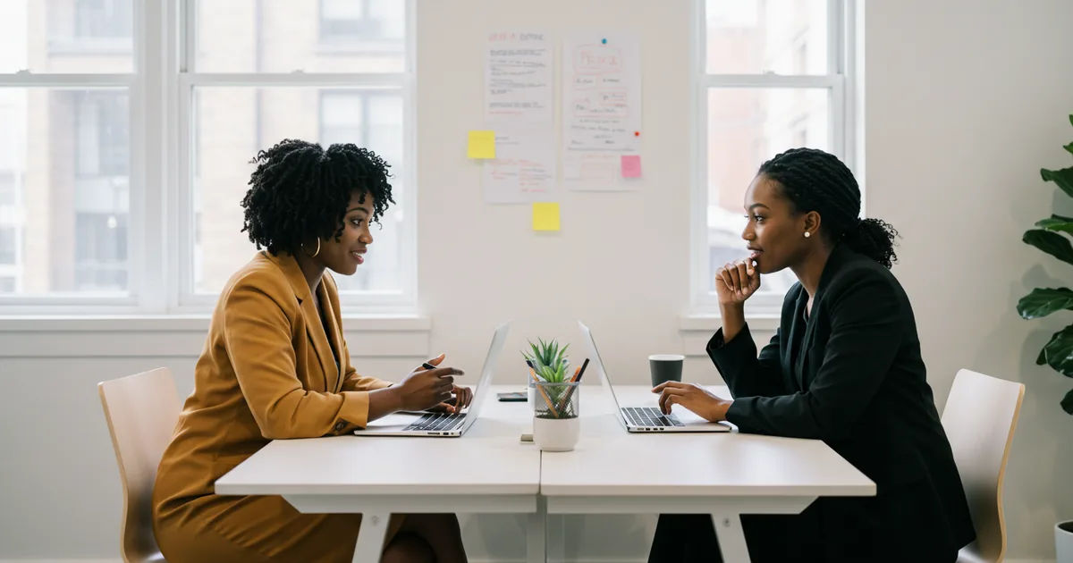 Two business partners talking across a workbench