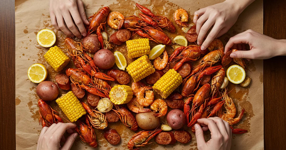 An overhead view of a seafood boil poured onto butcher paper, with hands reaching in