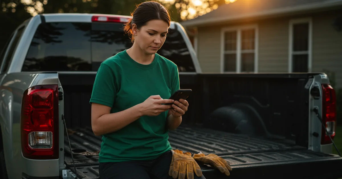 A small business owner checking call volume on a phone in a workshop