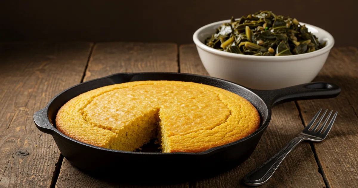 Skillet cornbread and collard greens on a wooden table