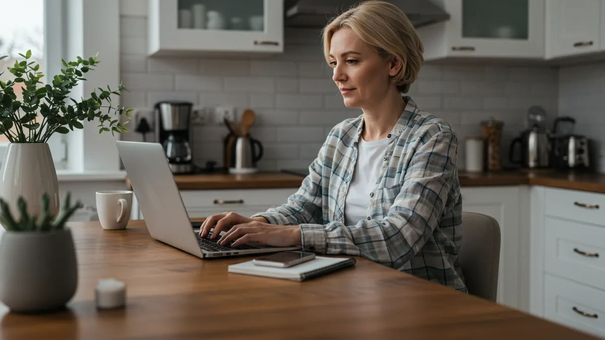 a relaxed homeowner using a laptop at a kitchen table, organized and calm, home-services theme Editorial photograph, natural lighting, realistic, high quality. No text, no words, n