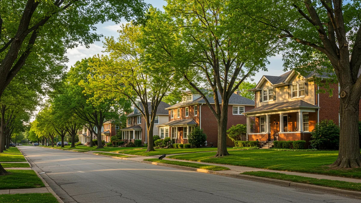 A tree-lined residential street with brick homes in a St. Louis suburb