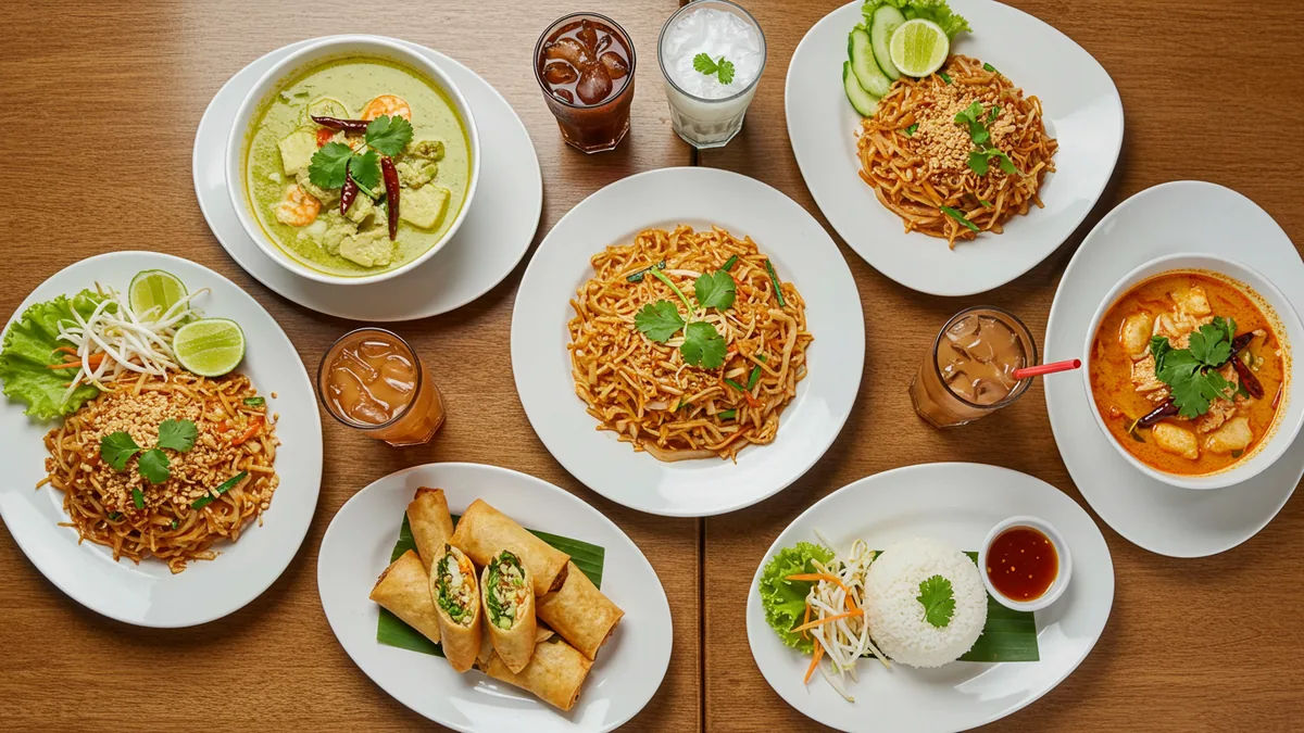 A spread of Thai dishes and jasmine rice at Thai Kitchen Florissant