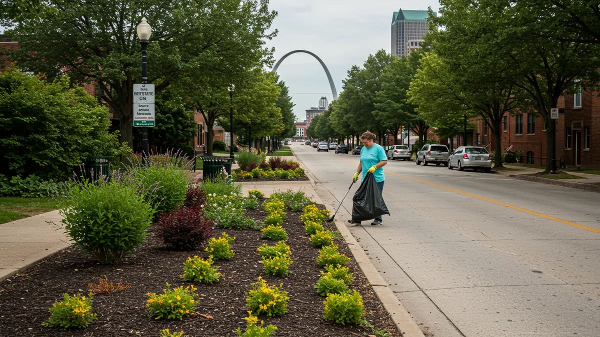 A clean St. Louis city street with fresh landscaping and a community volunteer picking up litter