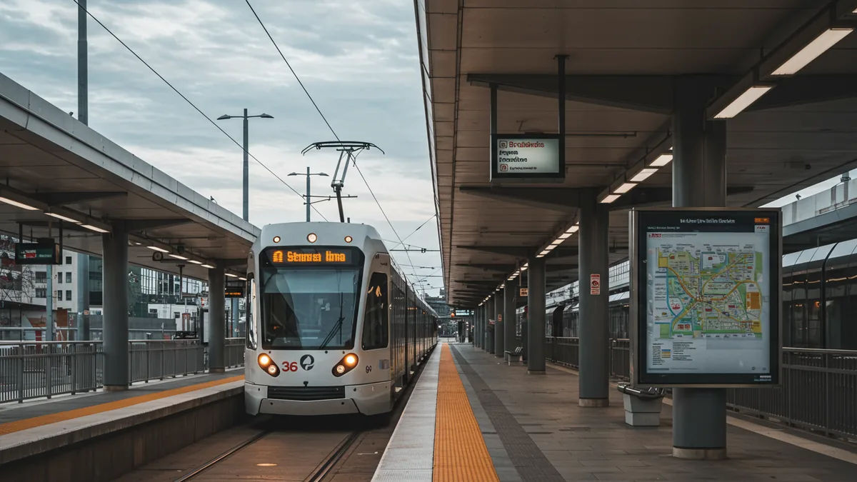A MetroLink light-rail train at a St. Louis station platform