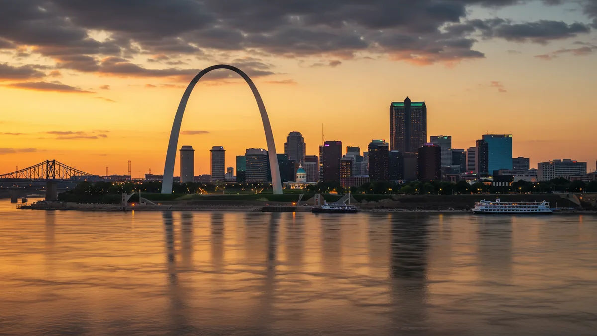 Aerial view of a sprawling St Louis Missouri city skyline at sunrise.
