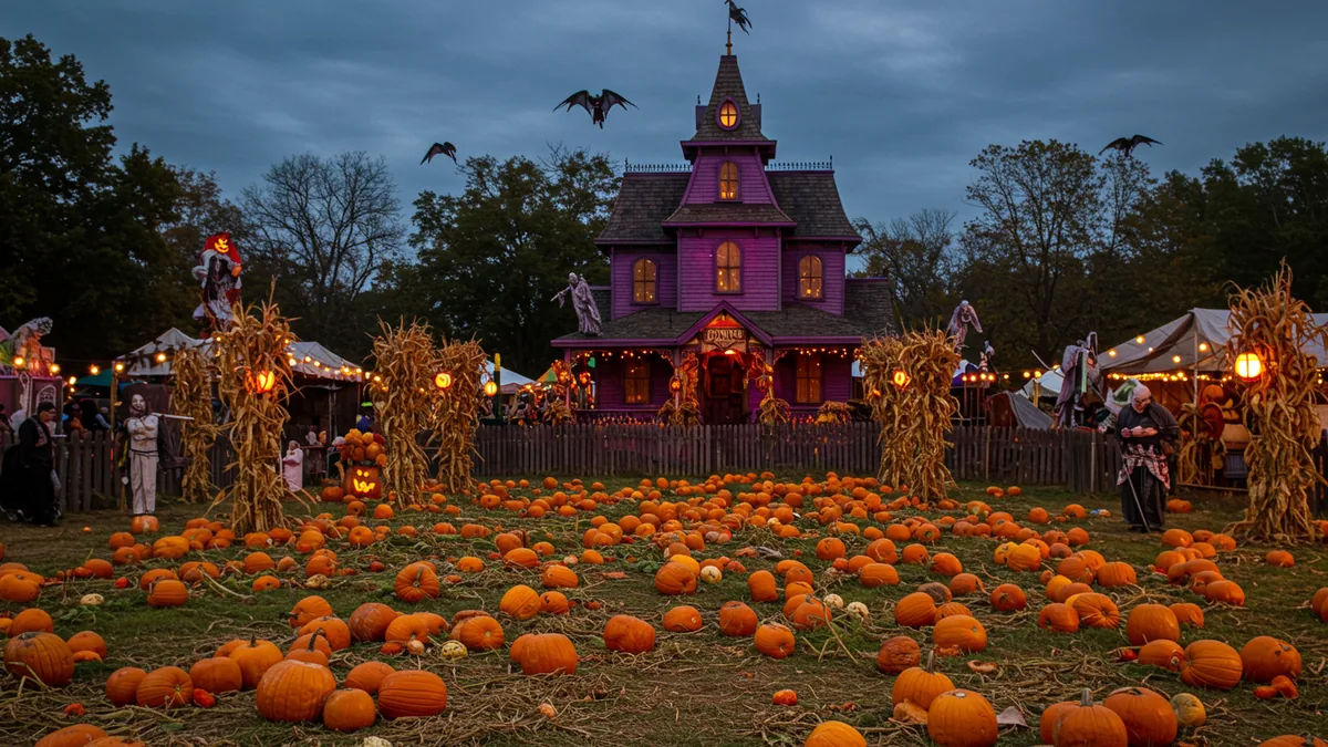 a festive autumn pumpkin patch with a spooky decorated haunted house at dusk Editorial photograph, natural lighting, realistic, high quality. No text, no words, no letters, no wate