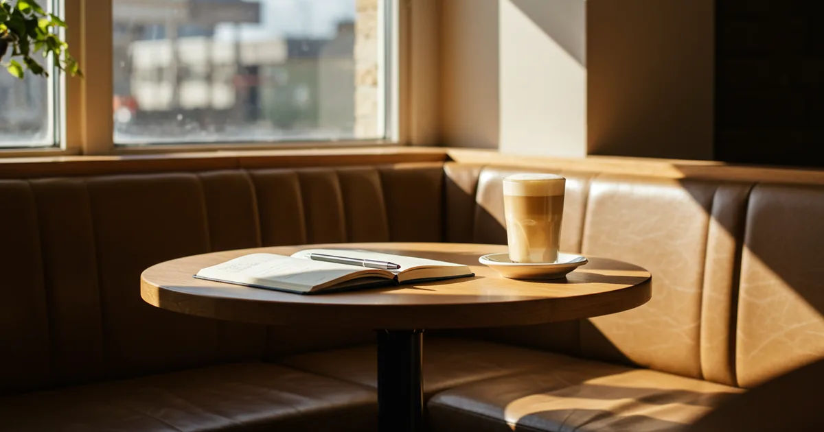 Corner table with a latte at a west county St. Louis coffee shop