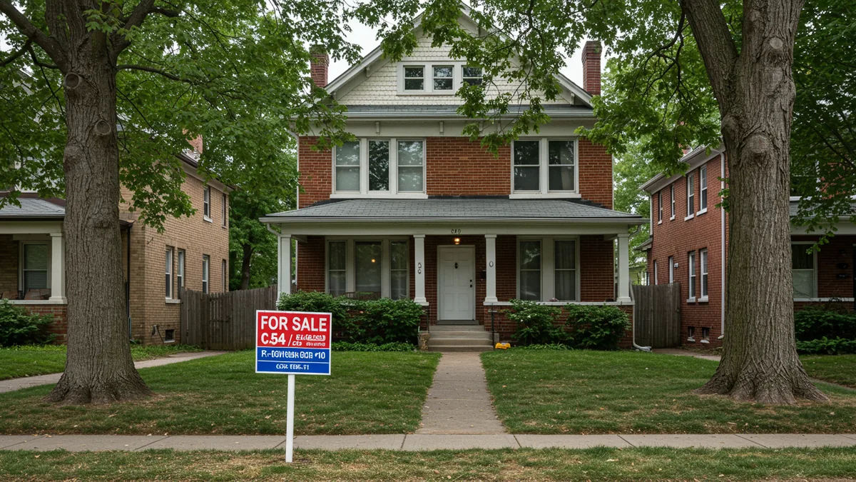 A for-sale sign in front of a charming brick bungalow on a tree-lined street
