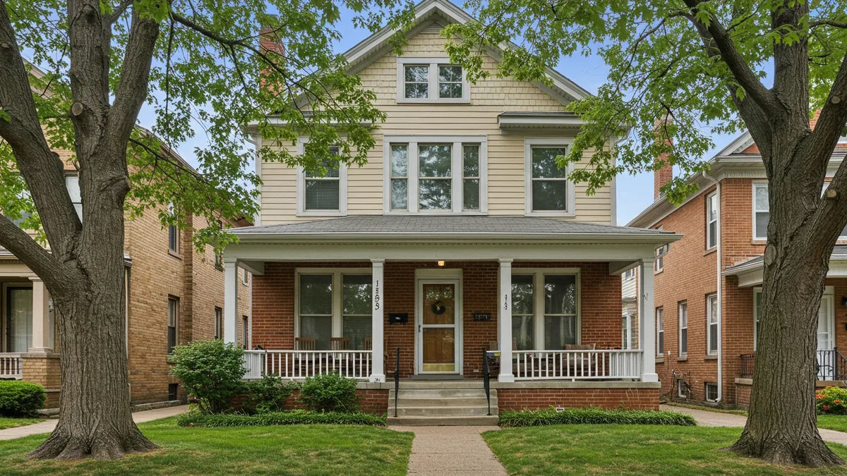 a charming, affordable brick home with a front porch on a tree-lined St. Louis residential street Editorial photograph, natural lighting, realistic, high quality. No text, no words