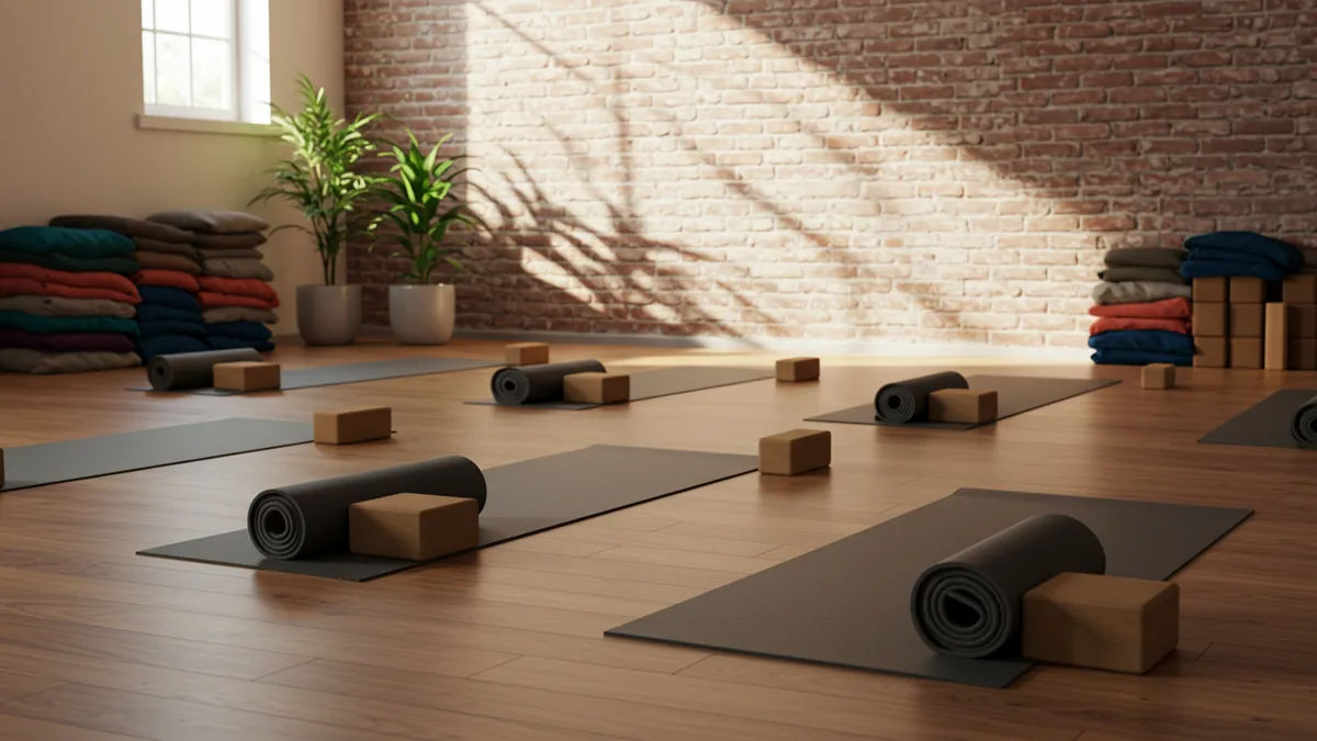 A serene St. Louis yoga studio with mats and soft morning light