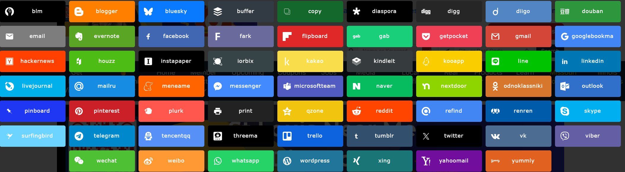 40+ social sharing platforms including Facebook, Twitter, LinkedIn, Pinterest, Reddit, WhatsApp, Telegram and many more