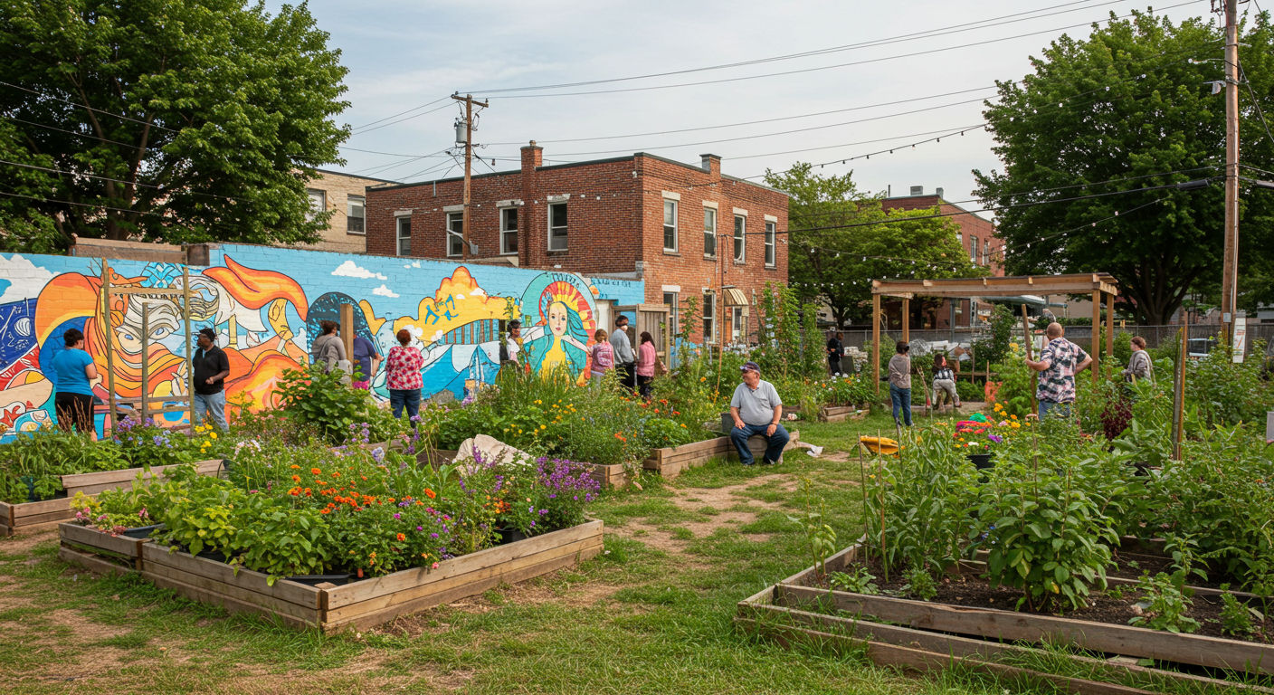 A finished vibrant community garden with a colorful mural on a once-blighted urban lot, residents enjoying the space