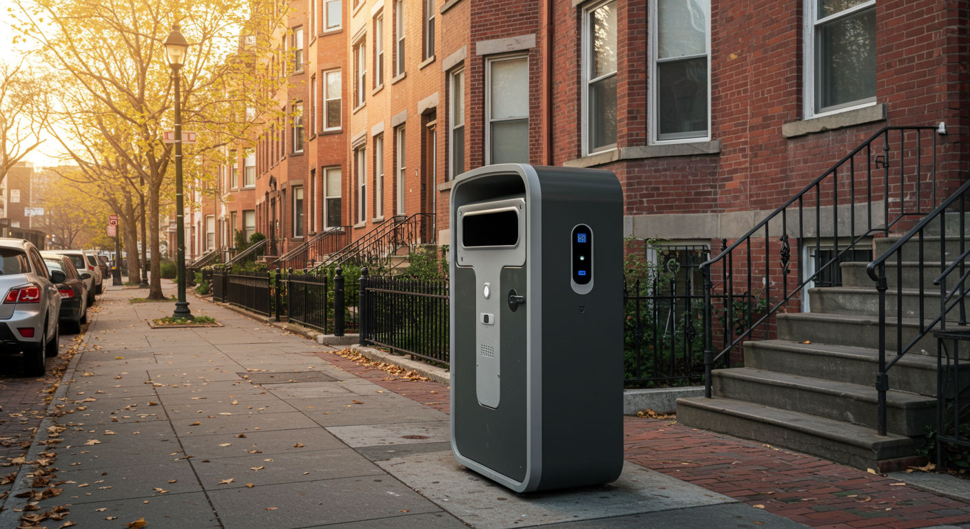 A sleek solar-powered smart trash bin on a clean revitalized city sidewalk lined with brick rowhouses