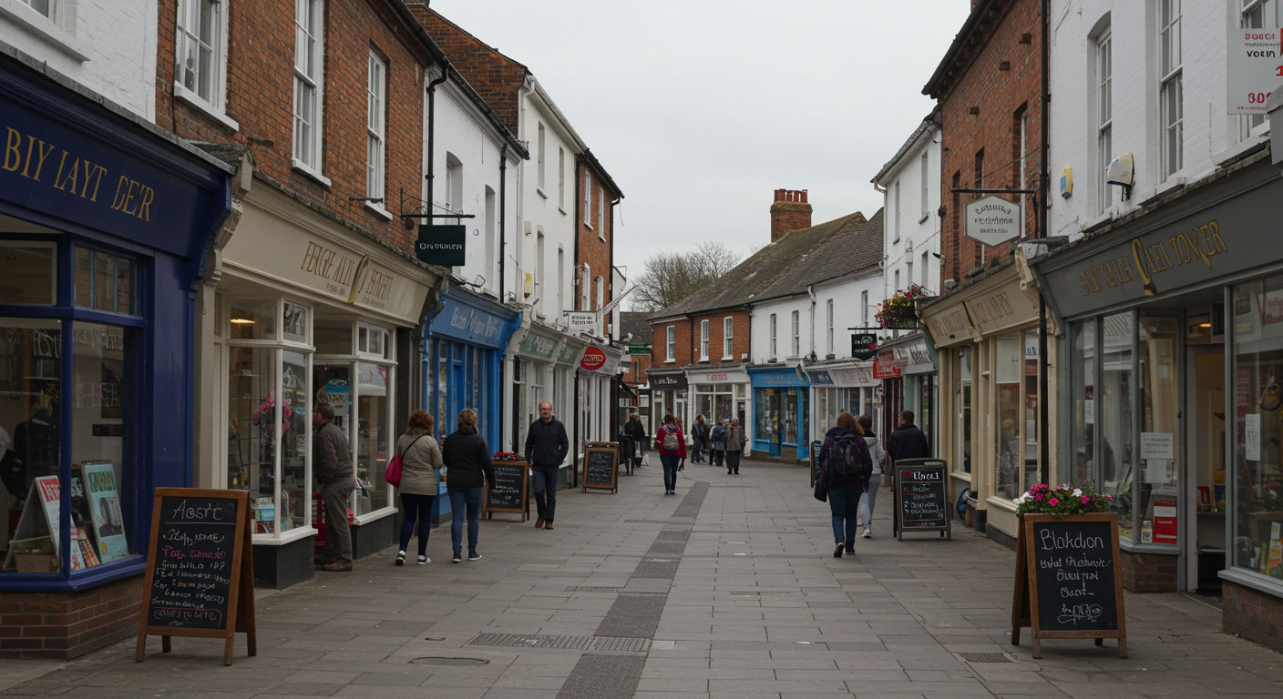 A clean, attractive British town center with independent shopfronts and tidy streets