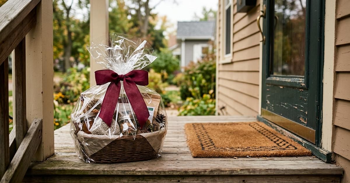 A finished gift basket wrapped in clear cellophane with a wide ribbon bow sitting on a front porch step beside a doormat.