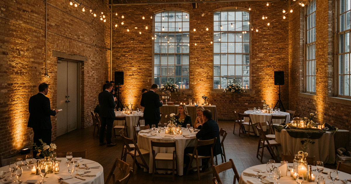 A wedding reception in an unexpected St. Louis venue &mdash; a converted industrial space with exposed brick and warm Edison-bulb string lights