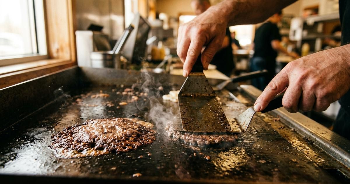 Two thin beef patties with dark lacy browned edges being pressed flat with a stiff metal spatula on a hot cast iron griddle.
