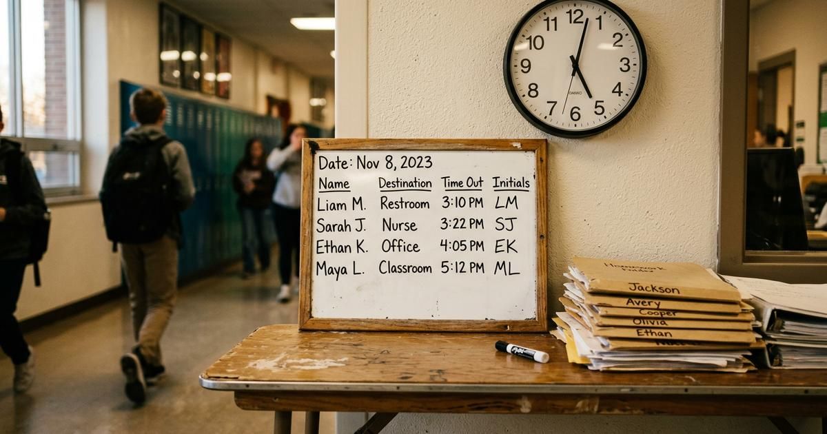 A whiteboard sign-out sheet on a folding table beside a stack of homework folders and a wall clock reading 5:45.