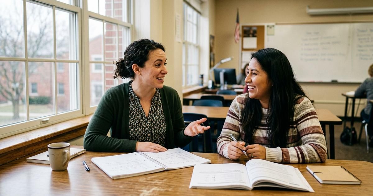 Two adult learners sit side by side at a classroom table practicing conversation, with open notebooks and a workbook between them while one gestures as she speaks.