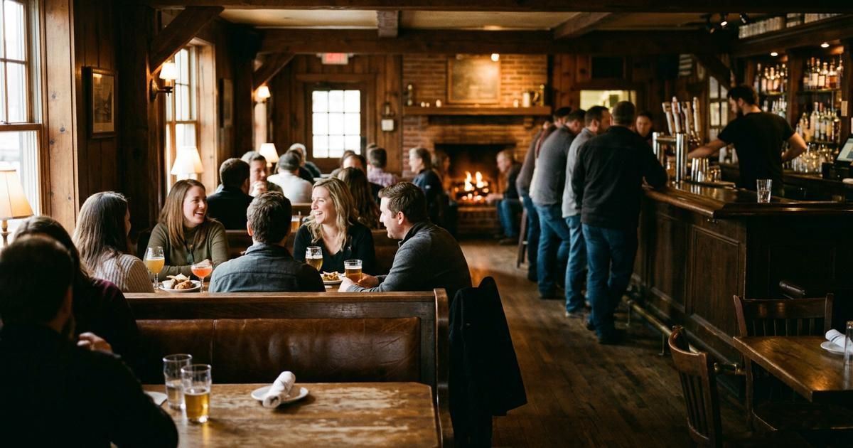 A warm wood-paneled pub room in the evening with booth seating, a fireplace and a long bar counter running along the far wall.