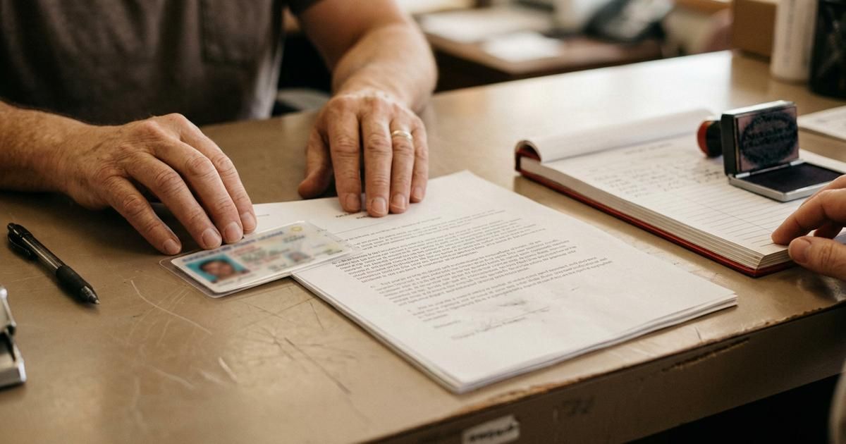 Hands sliding a driver&rsquo;s license and an unsigned document across a counter toward a notary journal and an inked stamp.