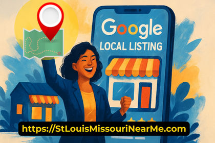 graphic image of a woman happy about reading Google Local Listing Guide on St Louis Near Me Directory Blog