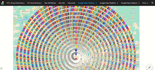 graphic image of a google map with thousands of pins in concentric circles representing keywords