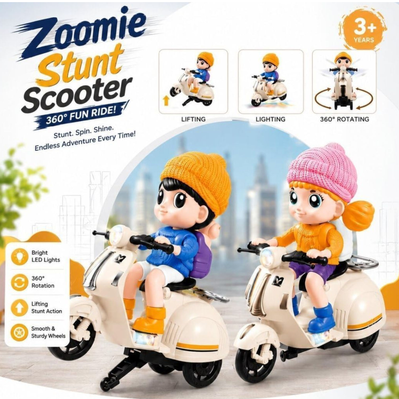 Zoomie Stunt Scooter Toy with 360° Rotation, LED Lights, Lift Stunt Action, Music & Bump-and-Go