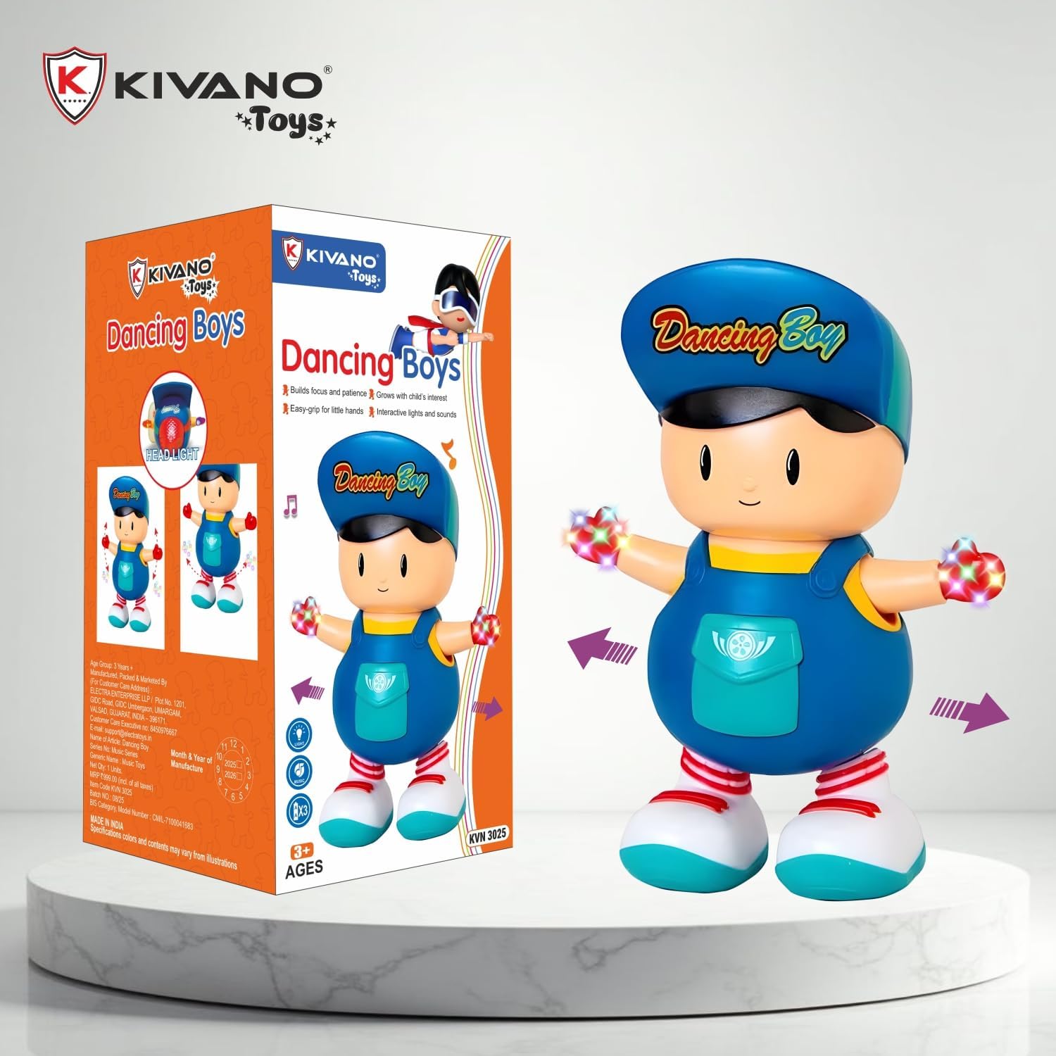 Dancing Boy Musical Toy with 3D Flashing LED Lights, Side-to-Side Walking Movement,