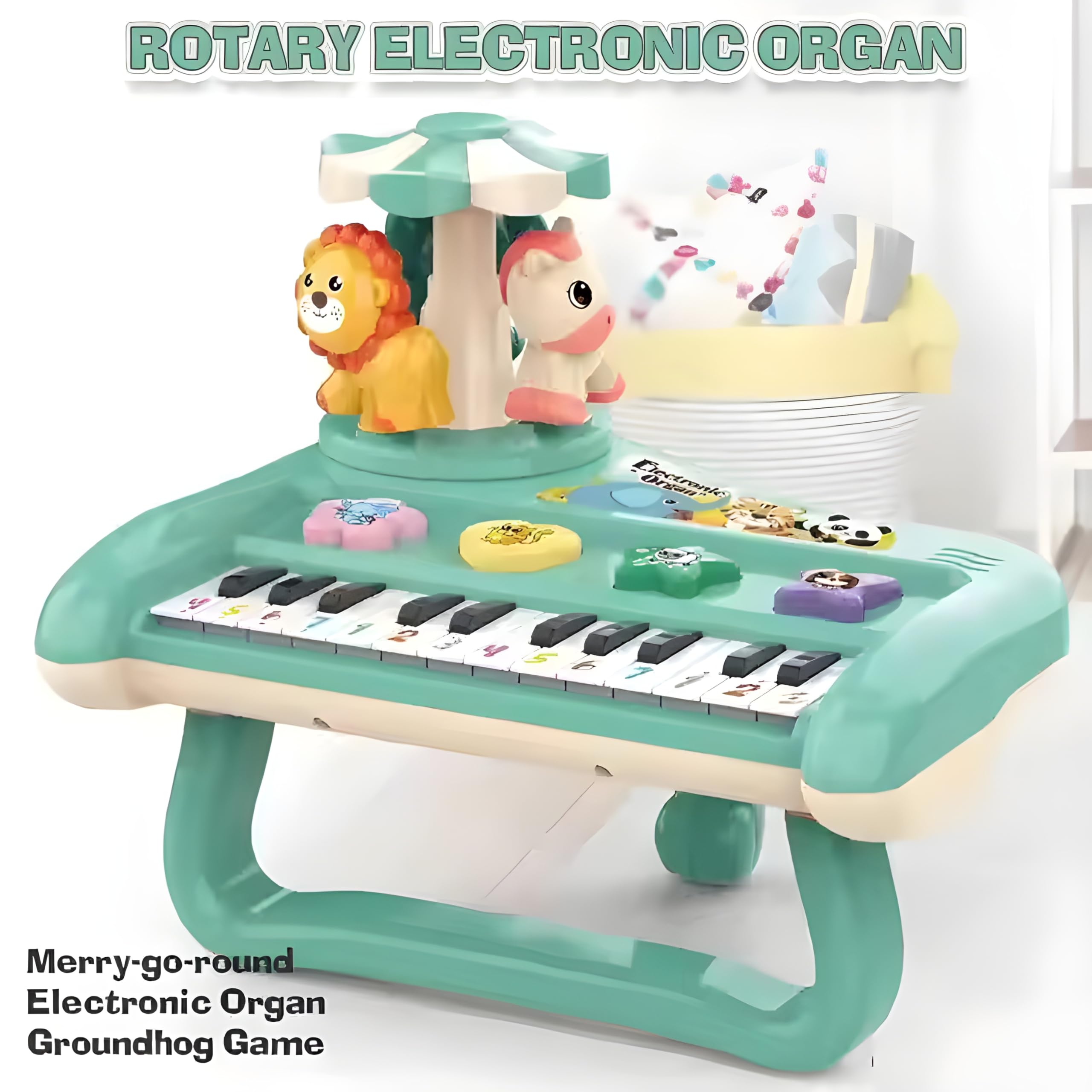 Rotary Animal Carousel Electronic Organ for Toddlers | 4-in-1 Musical Groundhog Game with Piano & Drums 