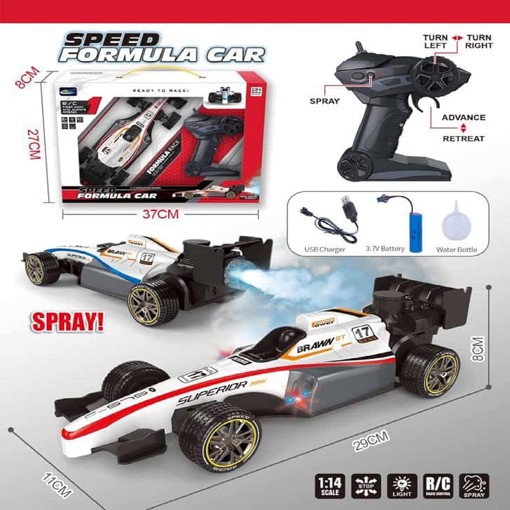 Speed Formula RC Racing Car, 1:14 Scale, Remote Control with Water Spray Feature, LED Lights, USB Rechargeable, 29 cm