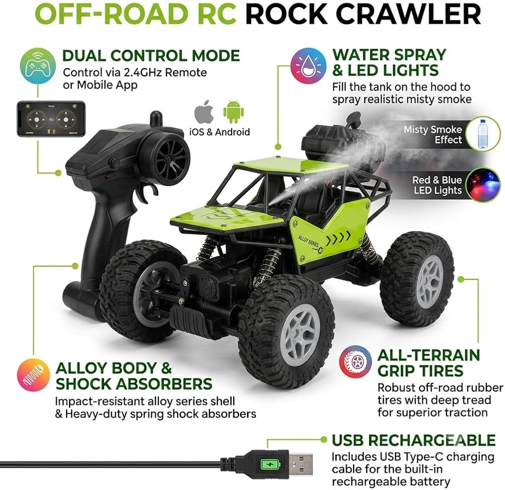 Off-Road Remote Control Monster Truck RC Rock Crawler Car with Water Spray Smoke Effect,