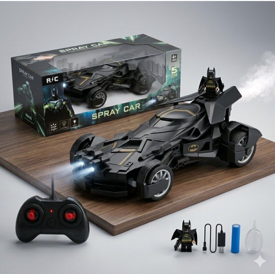 Spray Car - Remote Control Batmobile with Mist Spray, High-Speed LED RC Car, USB Rechargeable, Ra
