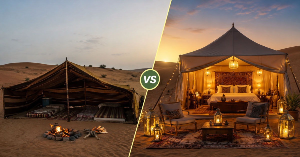 Comparison of basic and luxury overnight desert camping tents Dubai