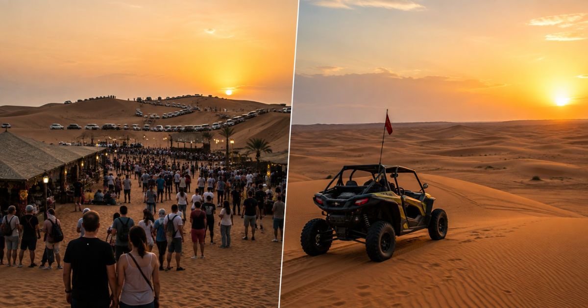 Comparison of tourist crowded sunset versus resident friendly weekday desert