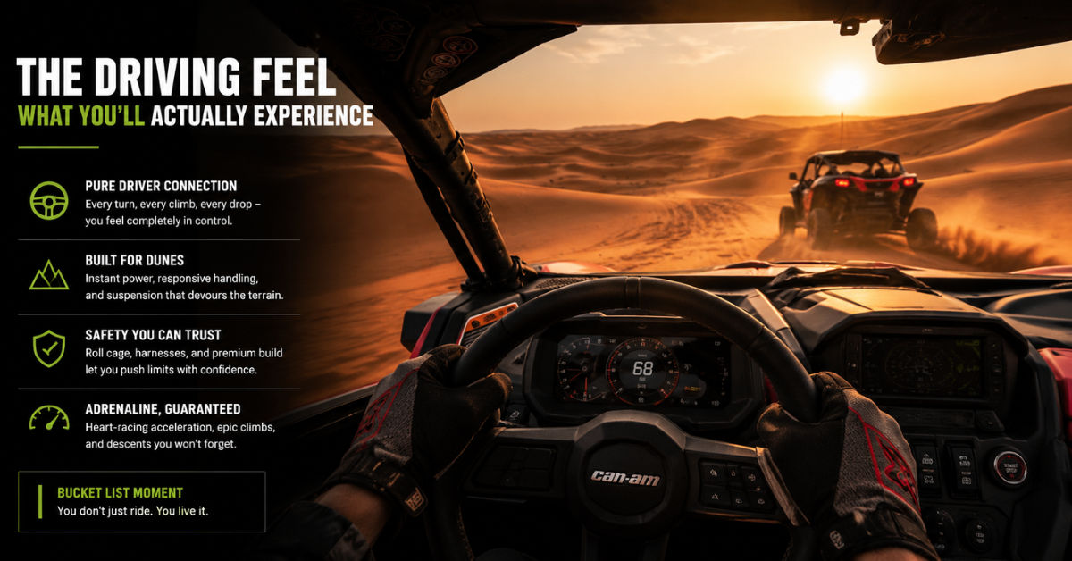 Driver's perspective inside premium sport buggy on Dubai dunes