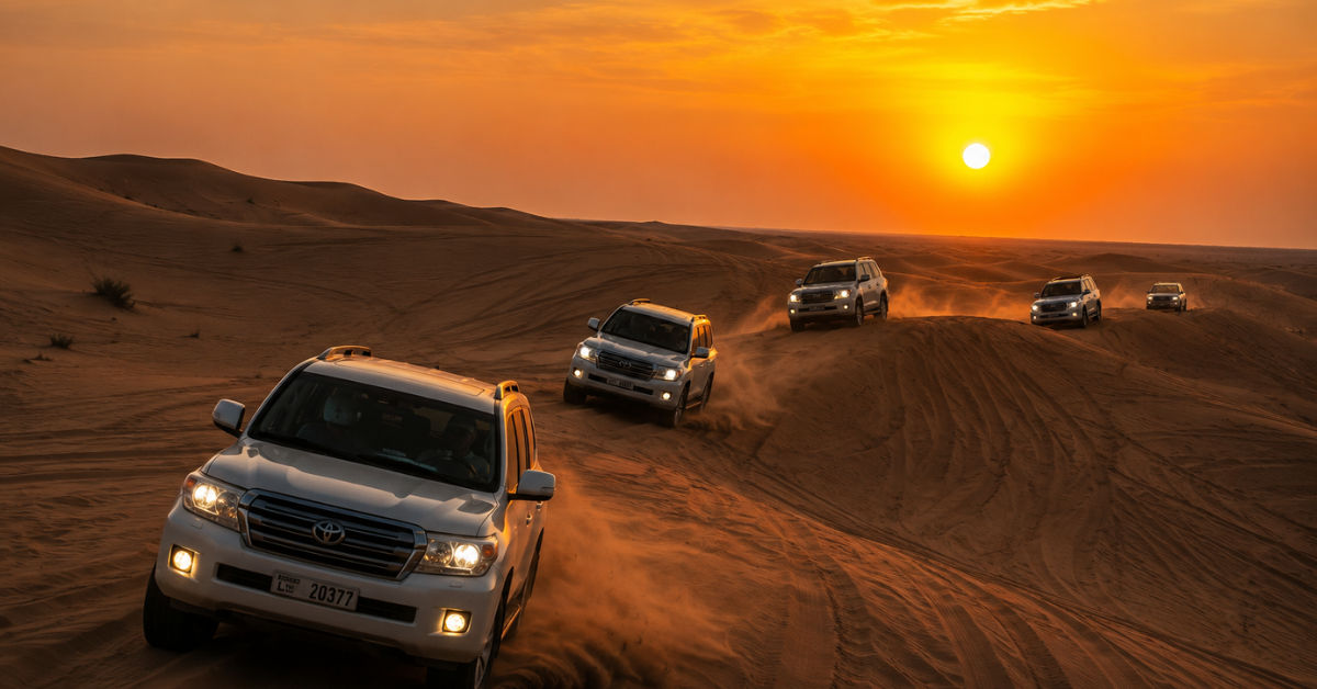 Dune bashing 4x4 convoy at Dubai desert sunset